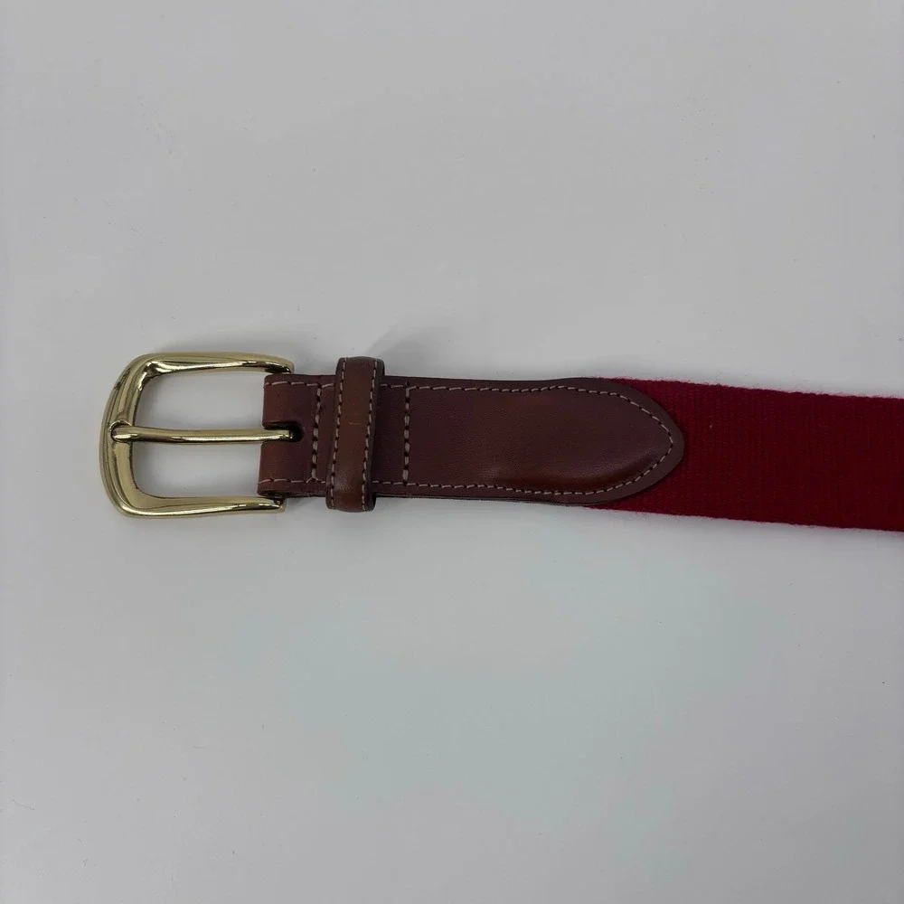 Torino Leather Trim Canvas Webbing Belt Mens 34 Burgundy Brass Buckle *FLAW